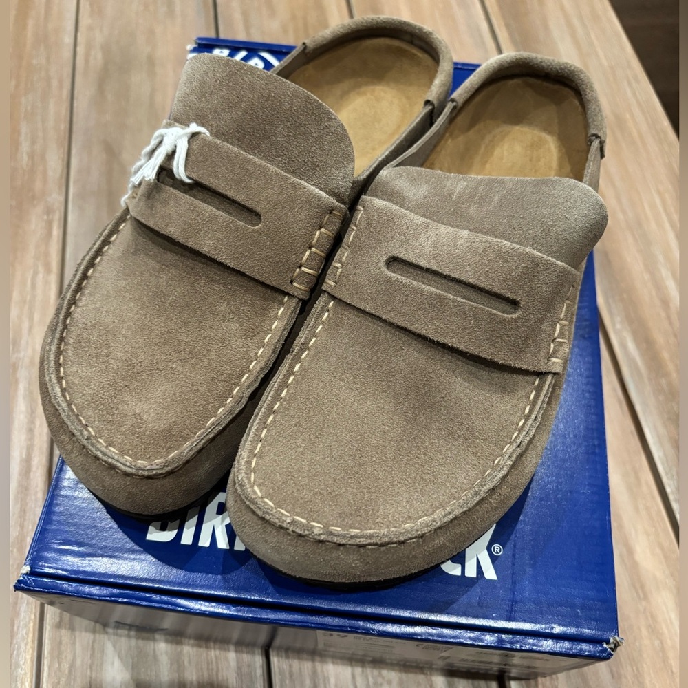 Birkenstock Boston Taupe Suede Wrapped Naples, 39 Narrow, Brand New With Box